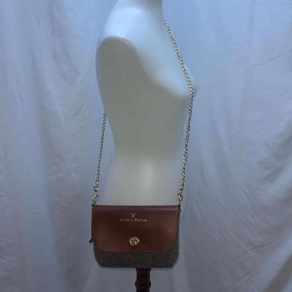 Sword & Plough Women Gray Crossbody Bag Purse Gold Chain Brown Leather
